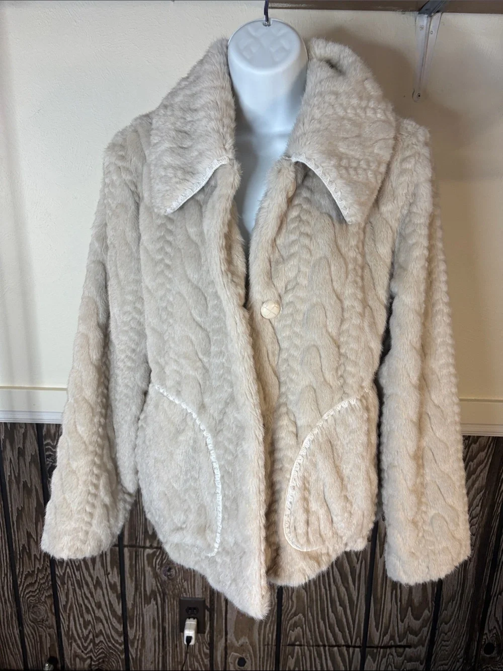 Avec Les Filles Cream Cable-Texture Faux Fur Jacket